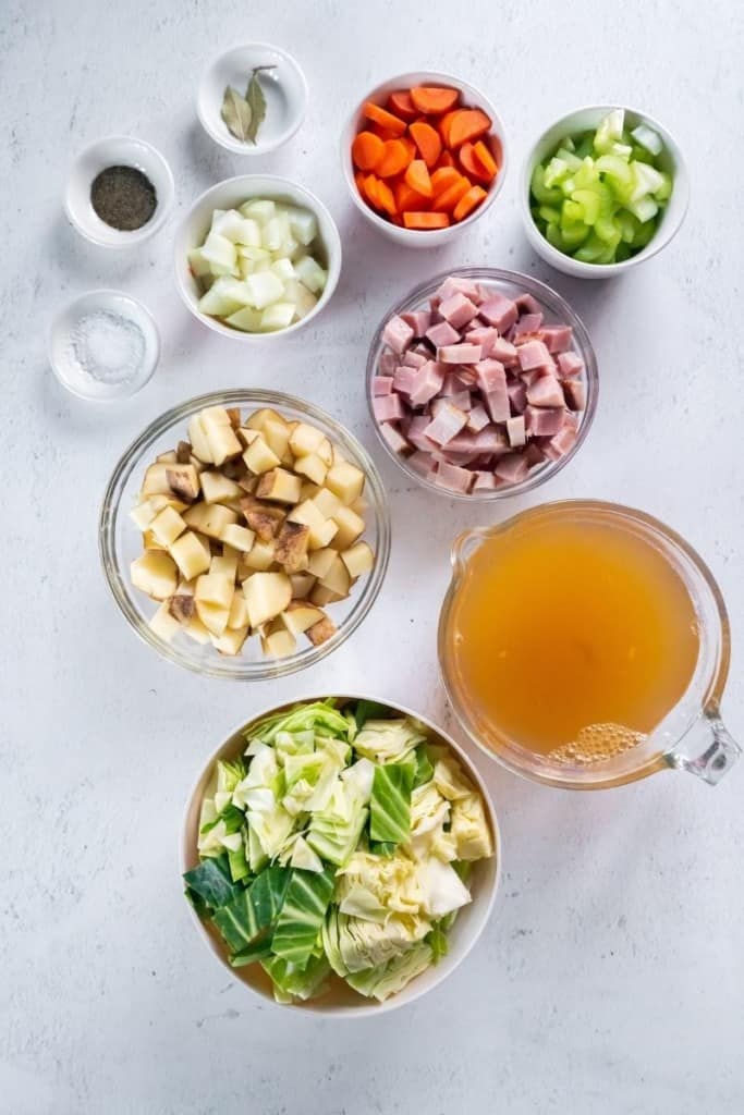 prepared ingredients for crockpot ham and cabbage soup