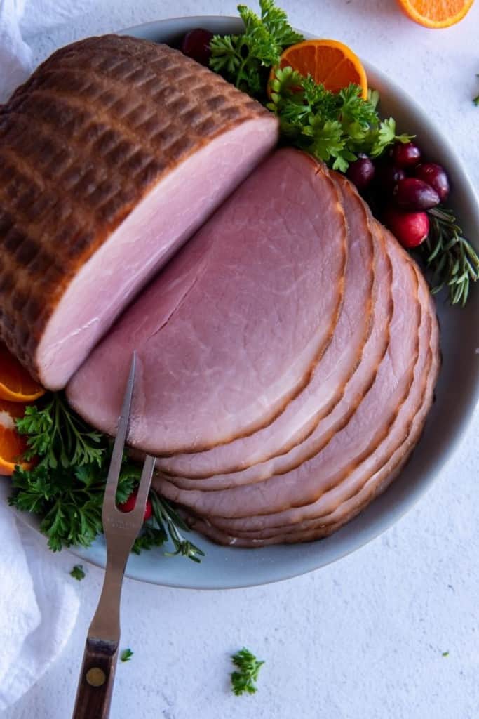 instant pot frozen ham cooked and sliced on plate
