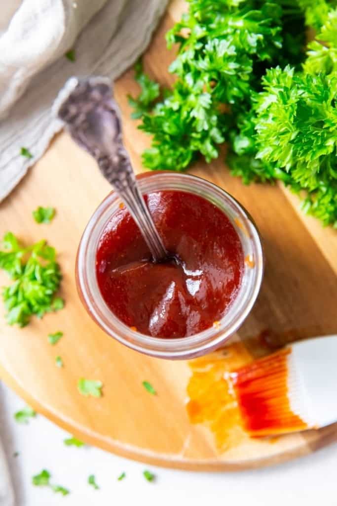 2 ingredient BBQ sauce in mason jar with spoon