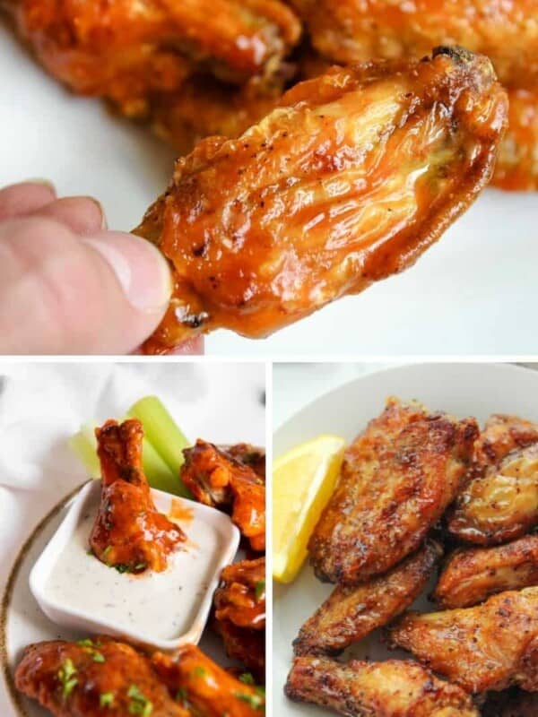 Collage of air fryer chicken wing recipes (buffalo wings, frozen wings, and lemon pepper wings)