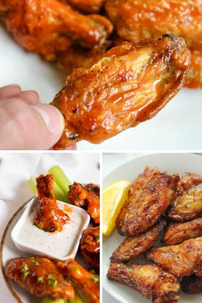 Collage of air fryer chicken wing recipes (buffalo wings, frozen wings, and lemon pepper wings)