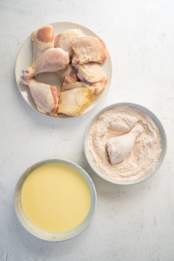 dip chicken tenders into flour mixture