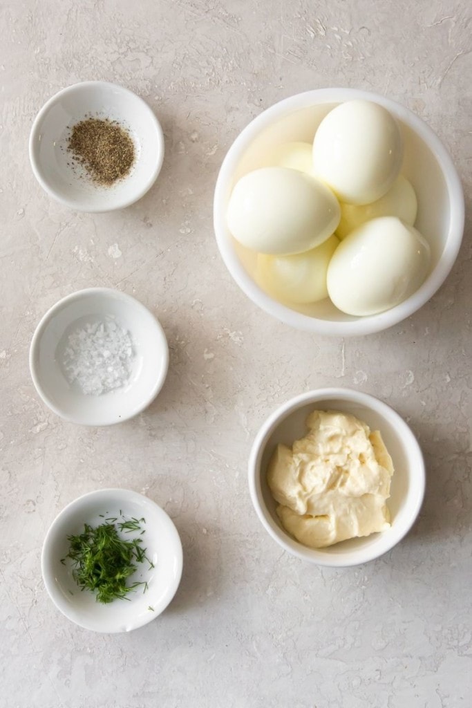 prepared ingredients for deviled eggs without vinegar