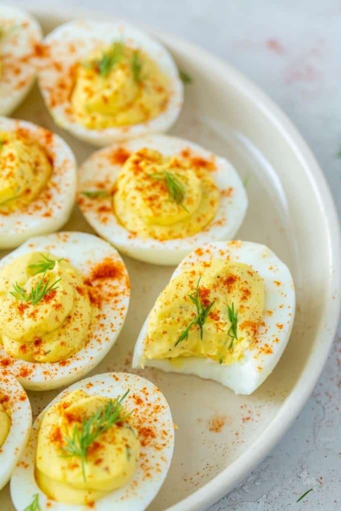 vinegar-free deviled eggs on white plate