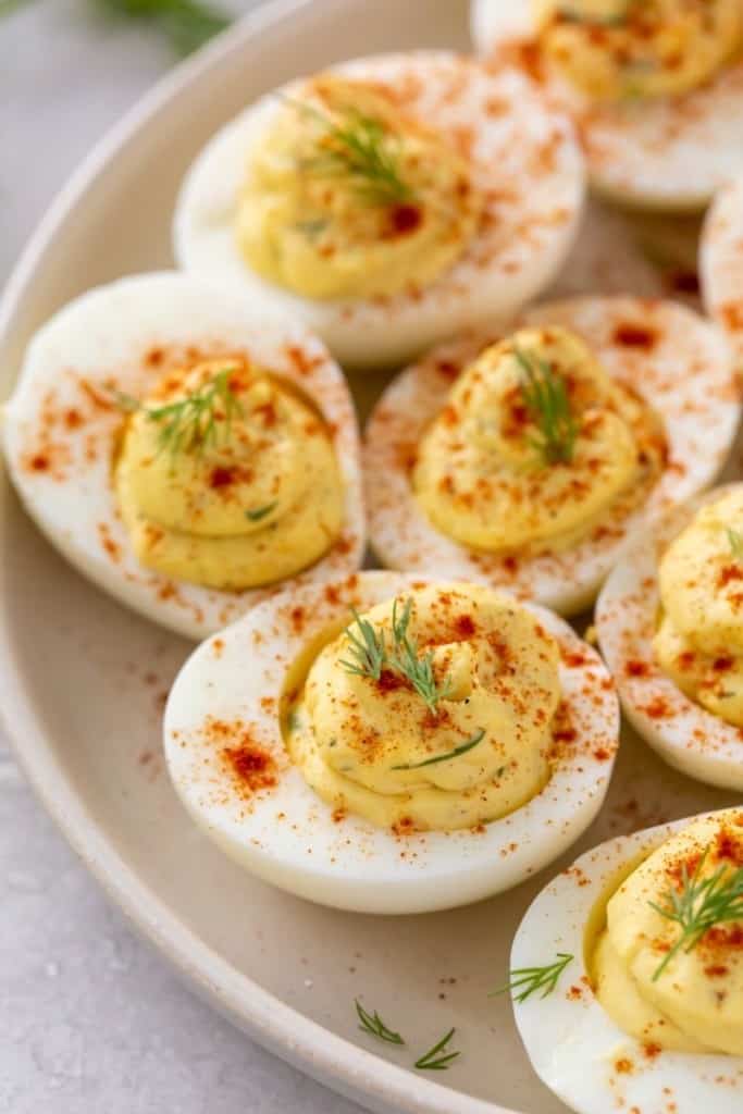fresh deviled eggs without vinegar on white plate