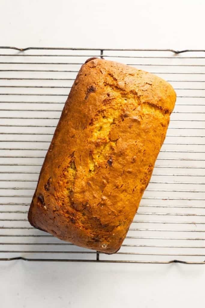 cooked banana bread on cooling tray