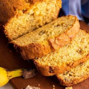 Slices of 4 ingredient banana bread on cutting board