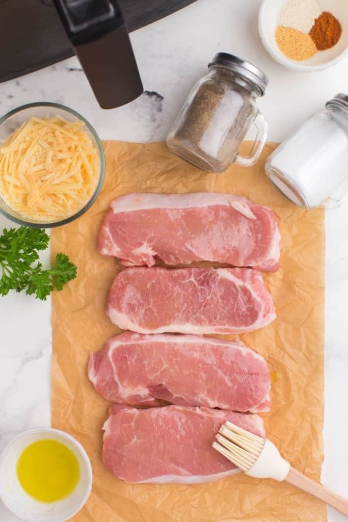 prepared ingredients for air fryer boneless pork chops