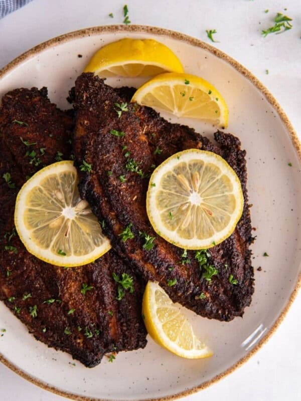 two air fryer catfish fillets on plate with lemon wedge garnish
