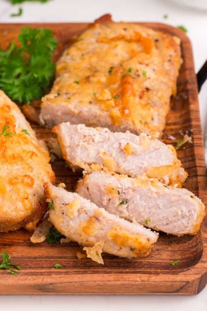 Slices of parmesan-crusted air fryer pork chops