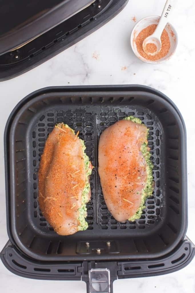 place stuffed chicken breasts in air fryer in single layer to cook