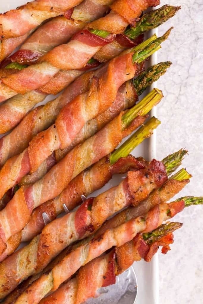 Crispy bacon wrapped around tender asparagus cooked in air fryer