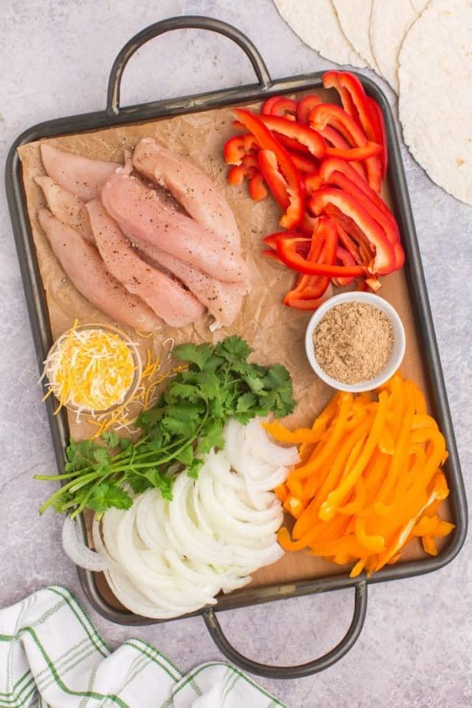 prepared ingredients for chicken fajita wraps