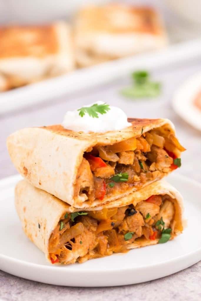 Chicken fajita wraps made to crispy perfection using leftover chicken