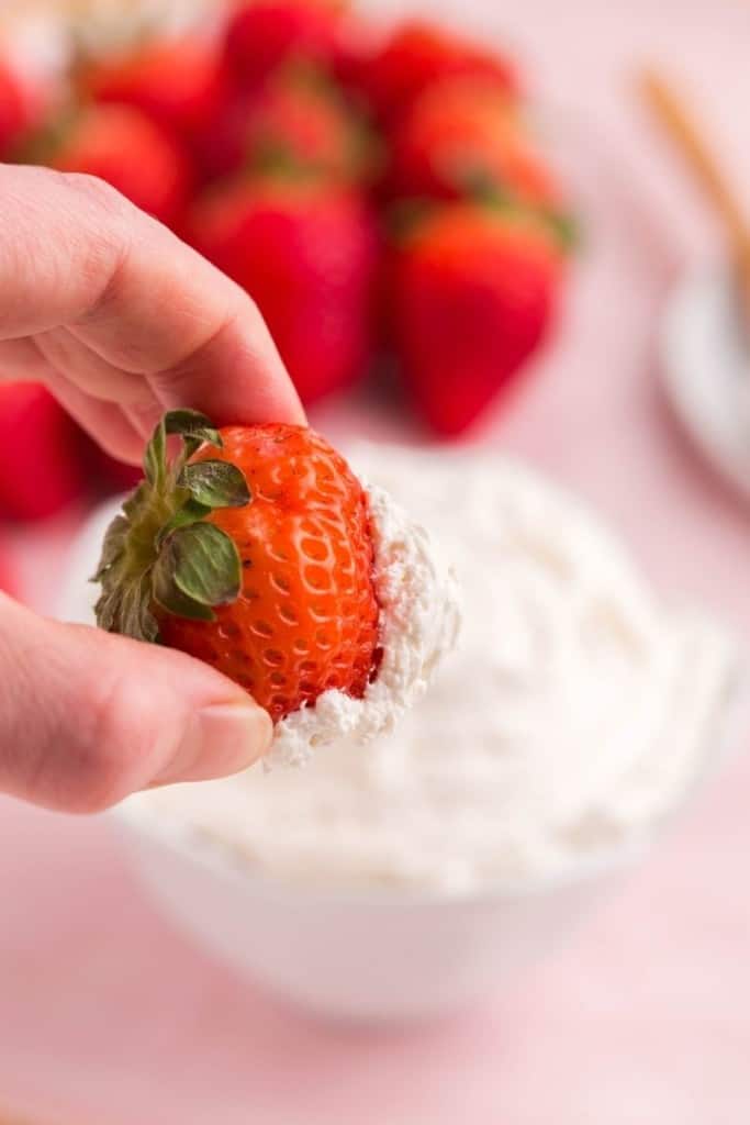 Creamy cool whip fruit dip with strawberries for dipping