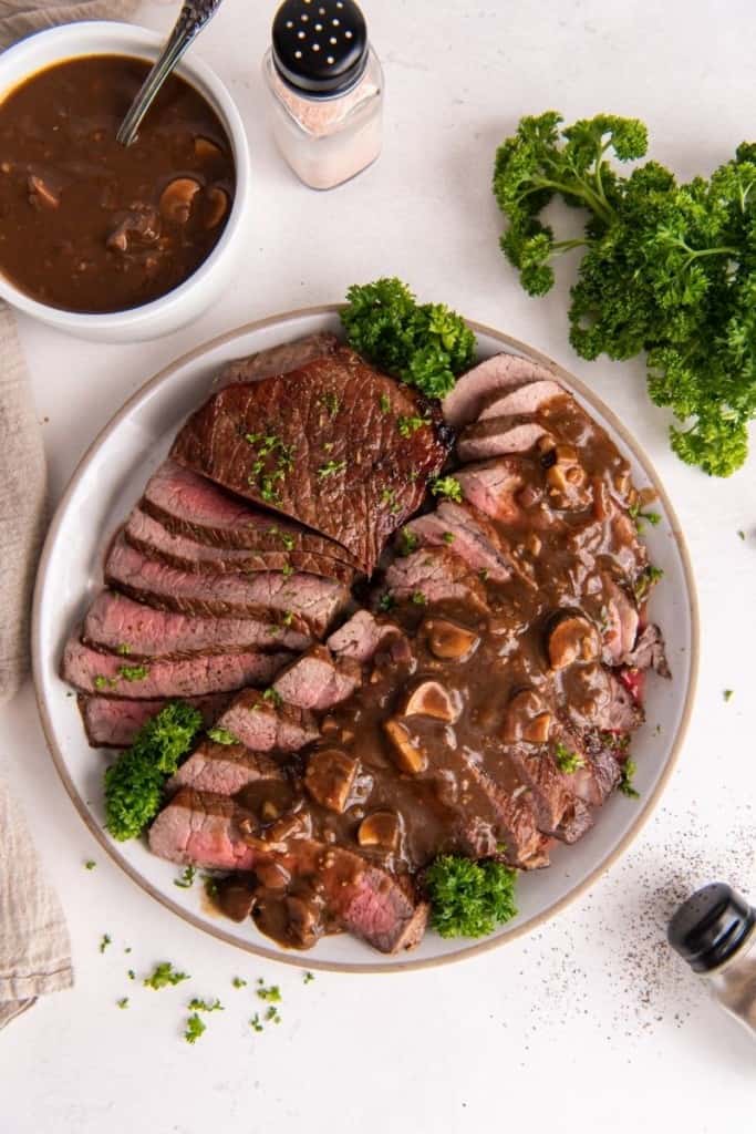 plate with slices of London broil cooked in instant pot