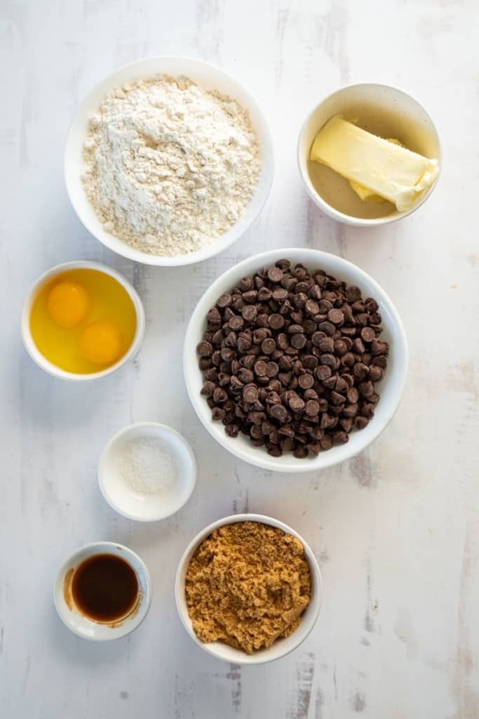 prepared ingredients for chocolate chip cookies without baking soda