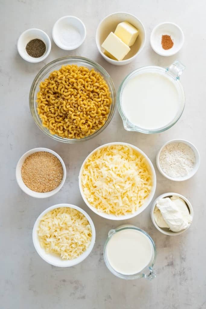 prepared ingredients for mac and cheese with cream cheese