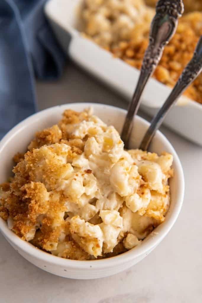 mac and cheese with cream cheese dished into bowl