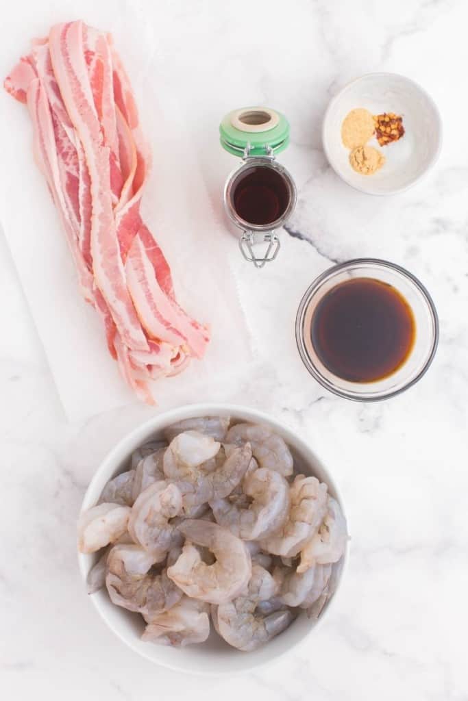 prepared ingredients for air fryer bacon-wrapped shrimp
