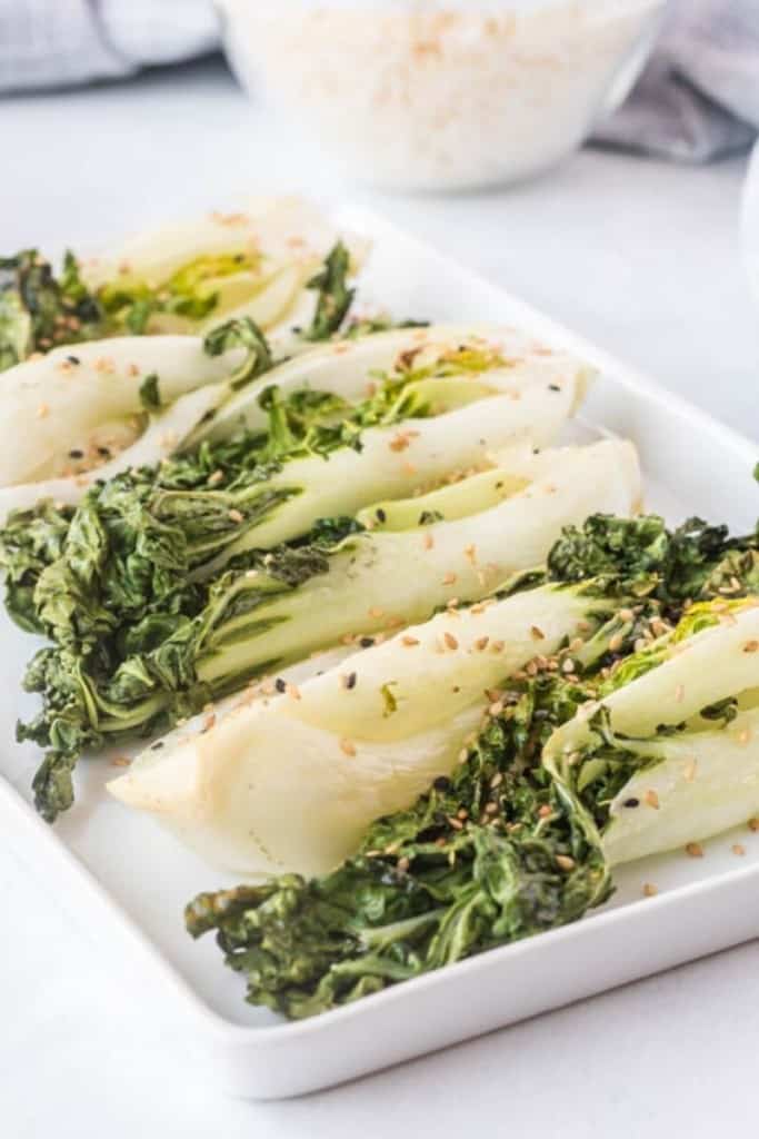 white plate with air fryer bok choy
