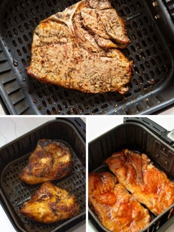 Collage of Cosori air fryer recipes (t-bone steak, bone-in chicken breasts, and pork steaks in the Cosori air fryer basket)