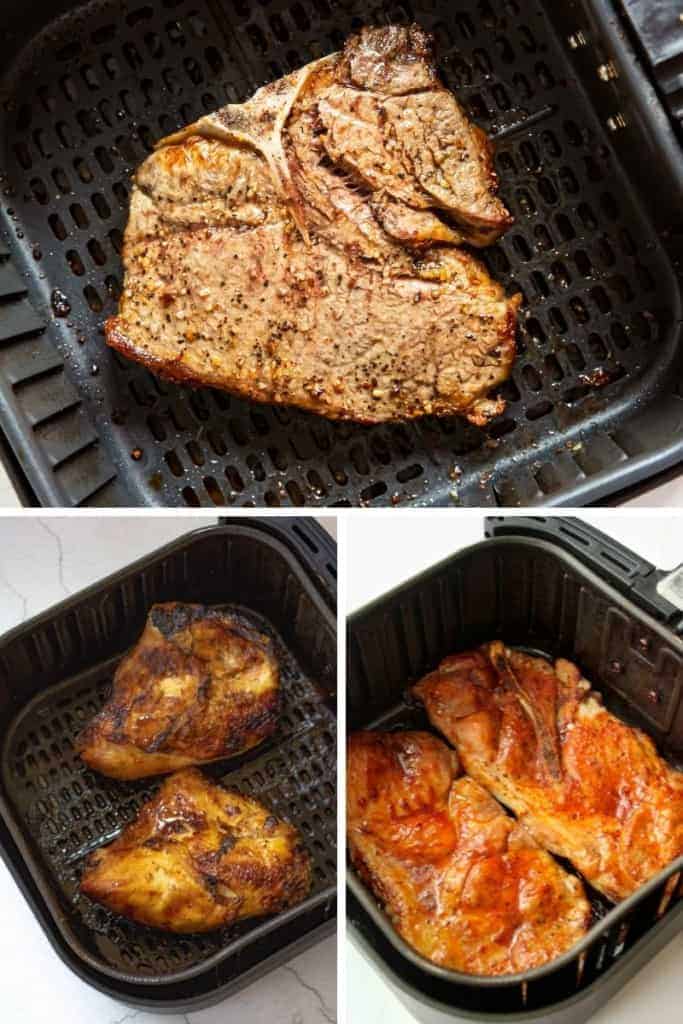 Collage of Cosori air fryer recipes (t-bone steak, bone-in chicken breasts, and pork steaks in the Cosori air fryer basket)