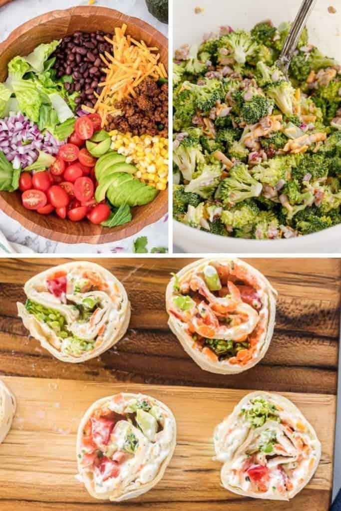 Collage of healthy lunches (taco salad, broccoli salad, and veggie pinwheels)