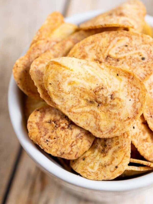 Fresh air fryer plantain chips in bowl