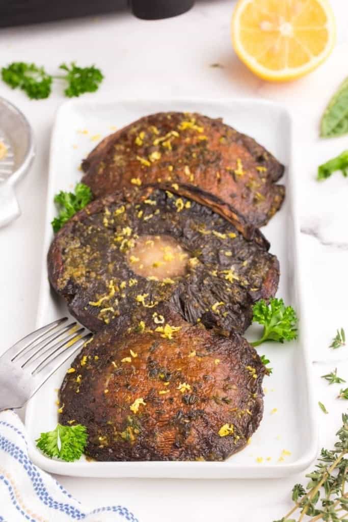 air fryer portobello mushrooms on plate with fork