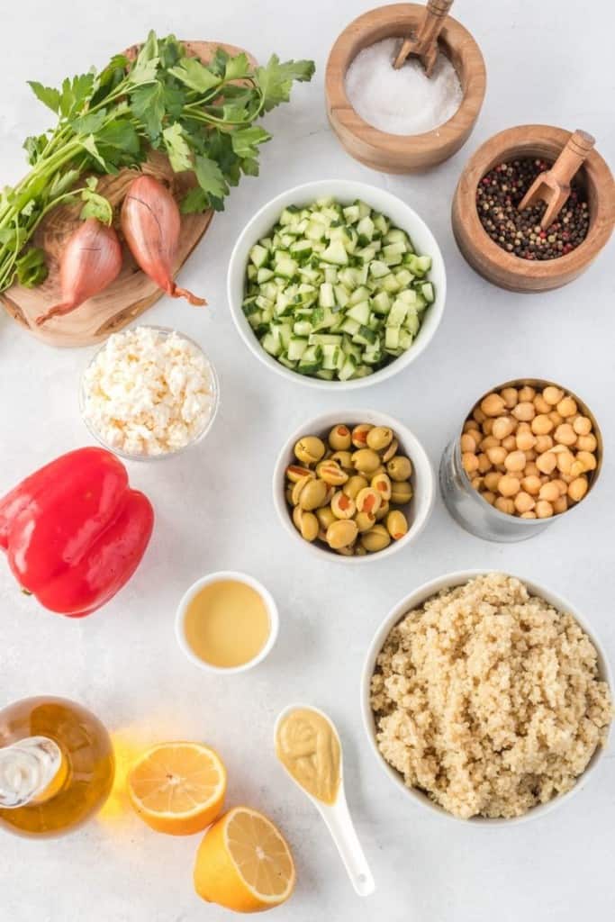 prepared ingredients for chickpea salad