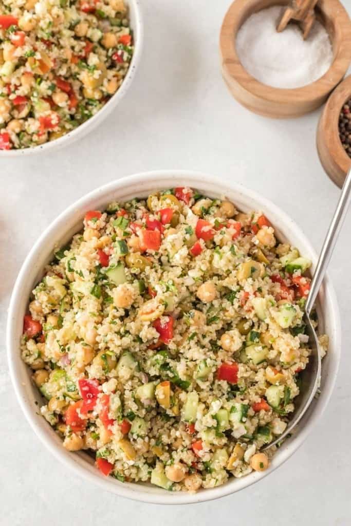 white bowl full of quinoa salad