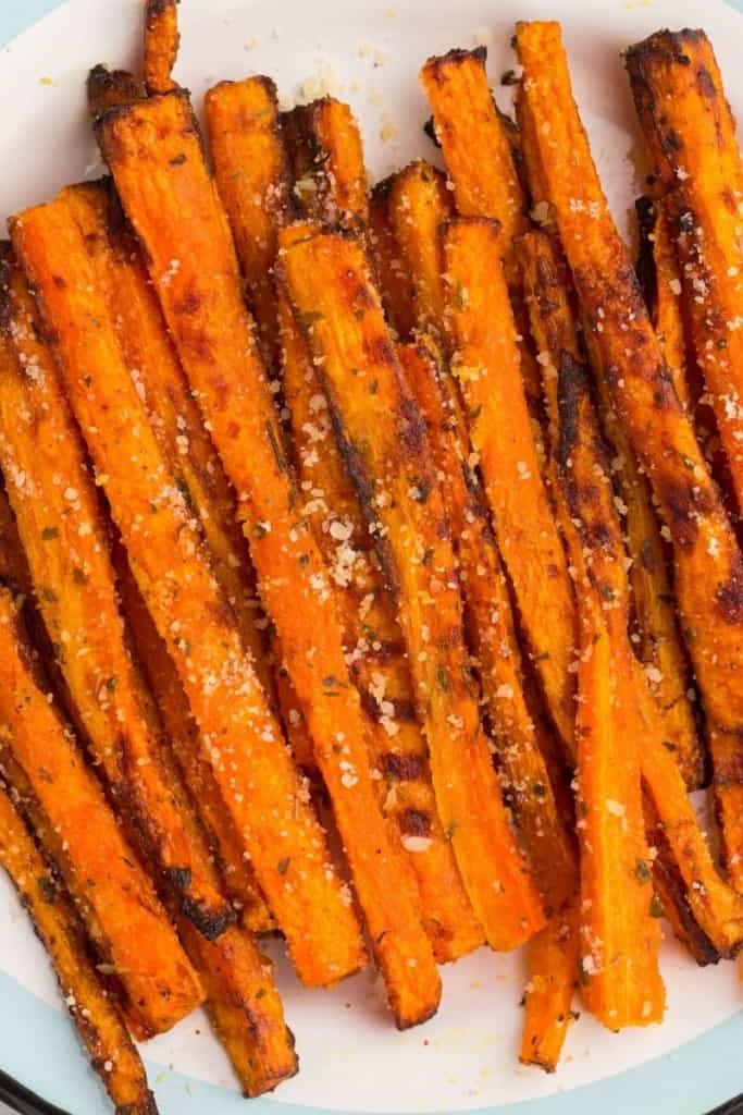 close up of carrot fries cooked in air fryer
