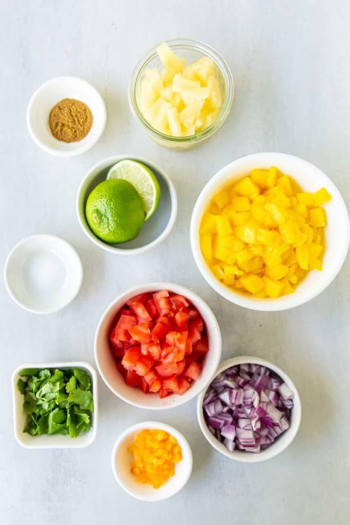 prepared ingredients for mango habanero salsa