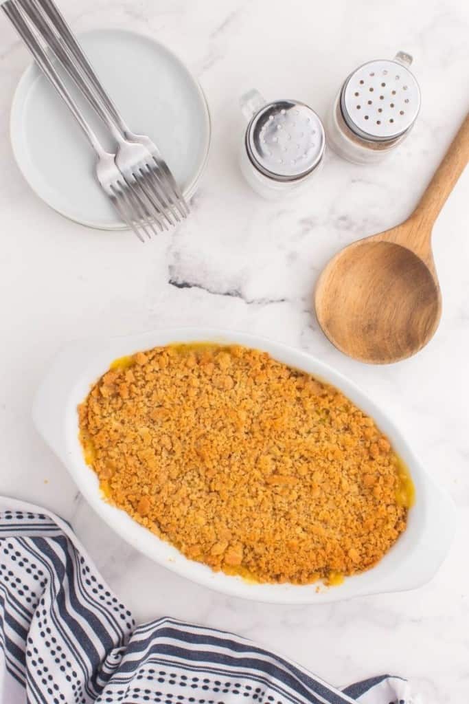 pour Ritz cracker mixture for squash casserole topping