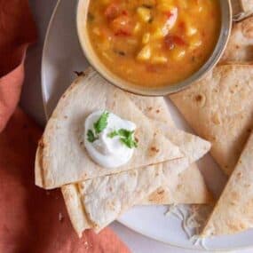 slices of quesadillas cooked in air fryer served with soup