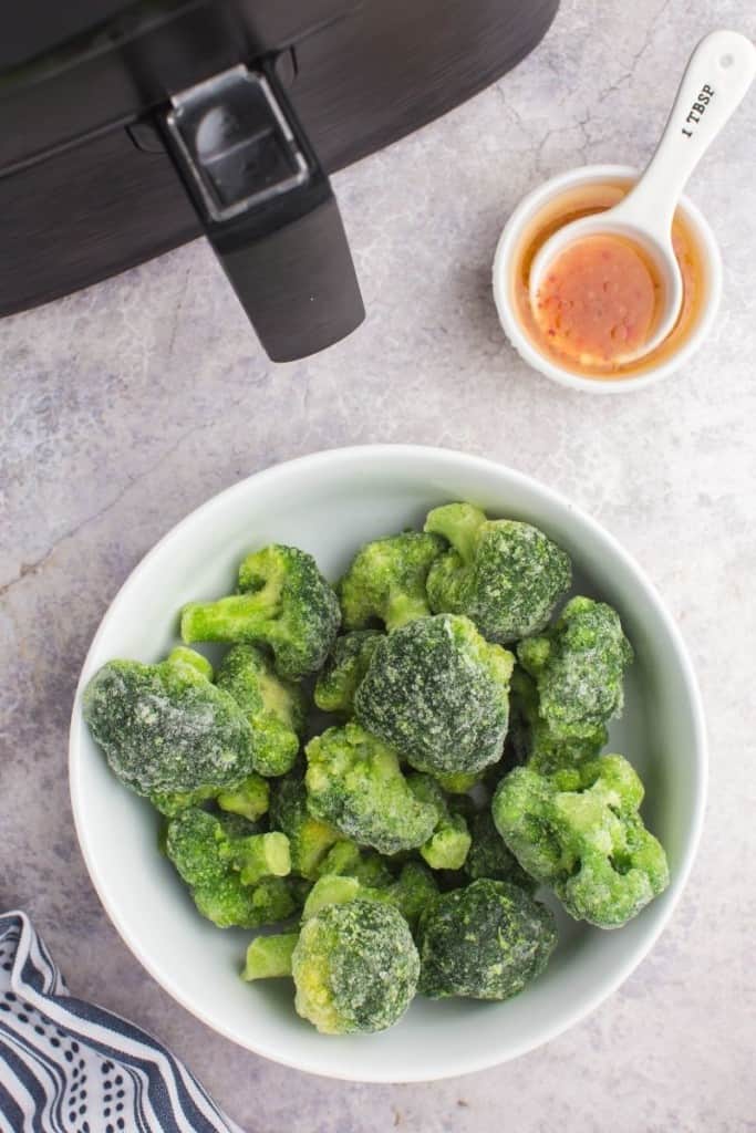 prepared ingredients for frozen broccoli in air fryer