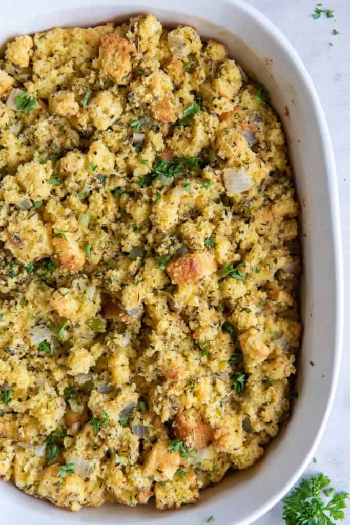 closeup of cornbread dressing