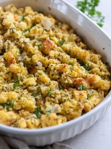 casserole dish with simple cornbread stuffing