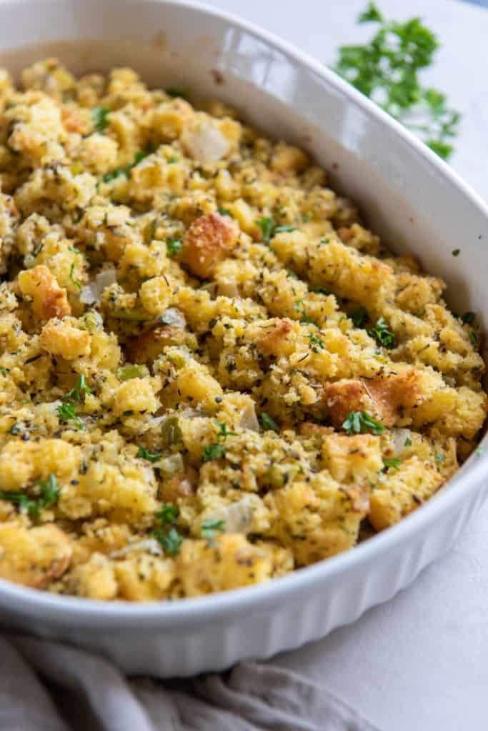 casserole dish with simple cornbread stuffing