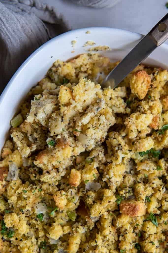 cornbread stuffing in casserole dish