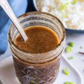 Stir fry sauce in a jar with rice