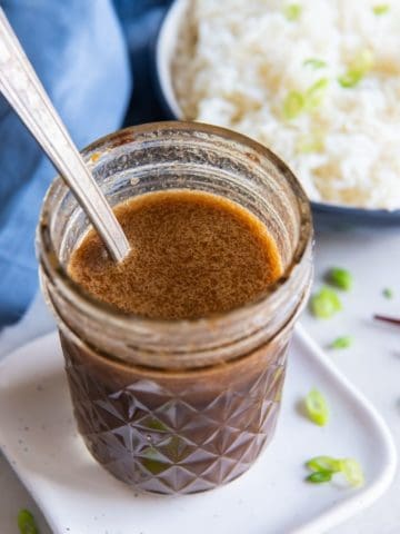 Stir fry sauce in a jar with rice