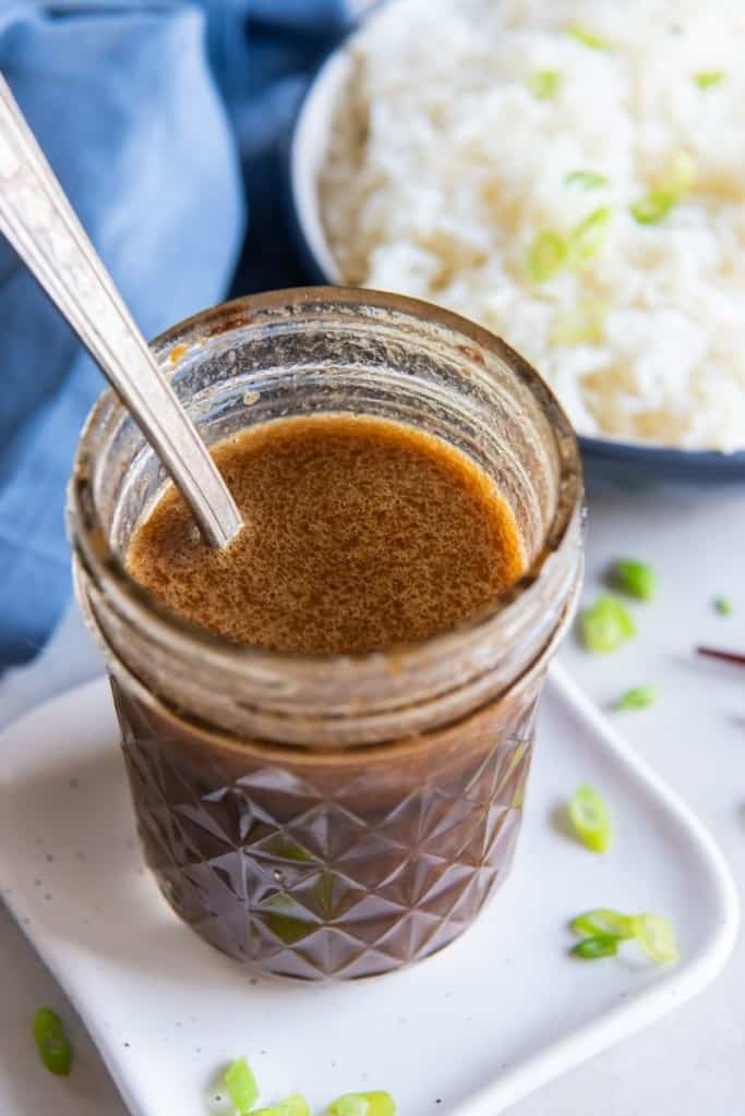 Stir fry sauce in a jar with rice