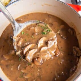 large spoon with mushroom gravy