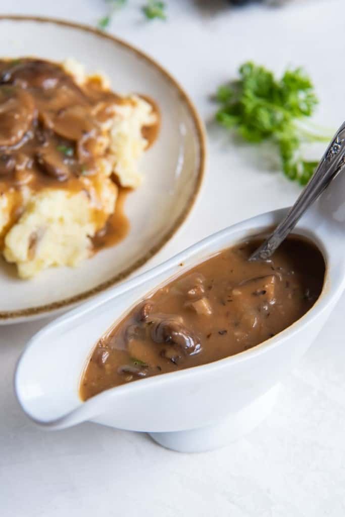 gravy boat with mushroom onion gravy