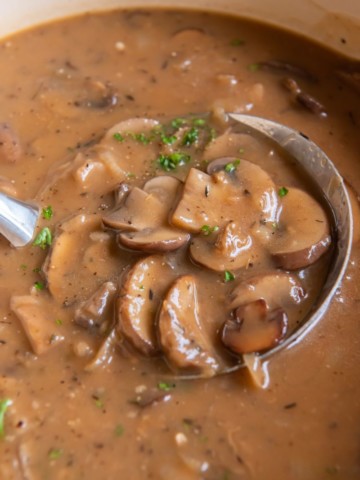 mushroom gravy in a ladel