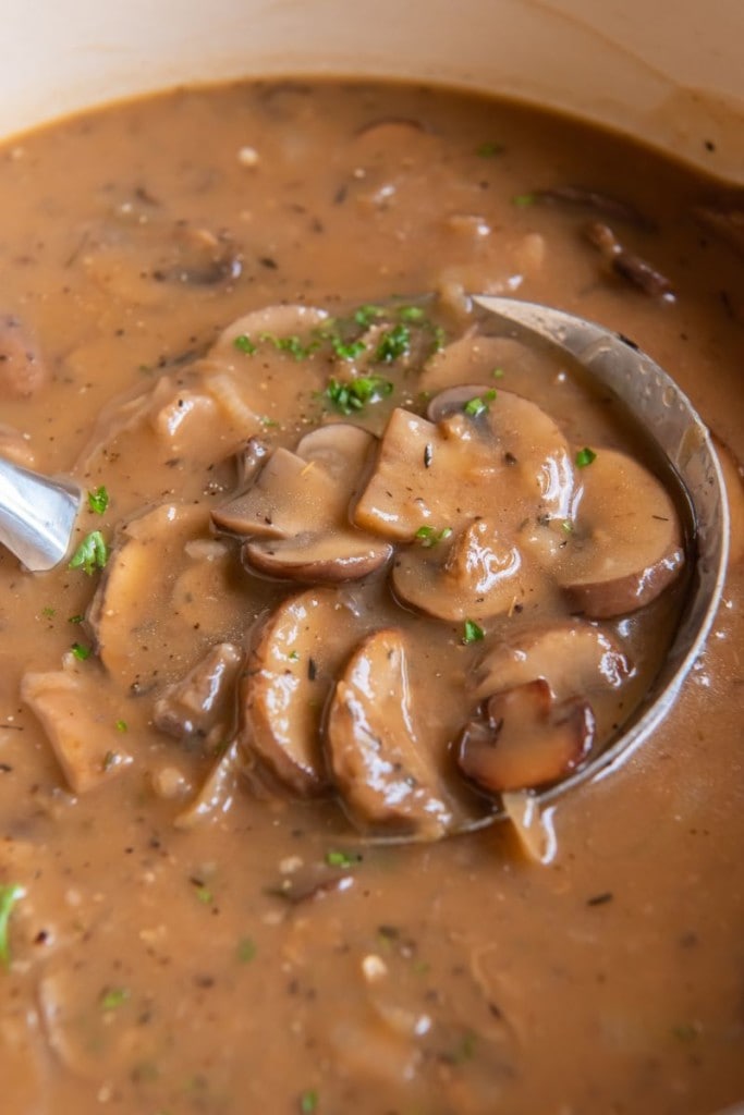mushroom gravy in a ladel