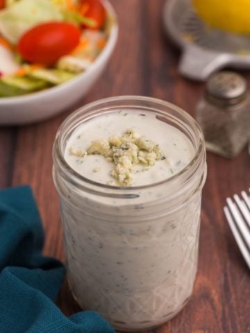 jar filled with homemade blue cheese dressing