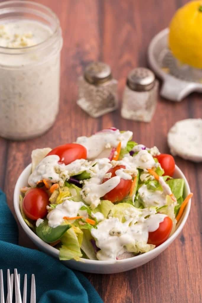 ready to eat salad with homemade blue cheese salad dressing
